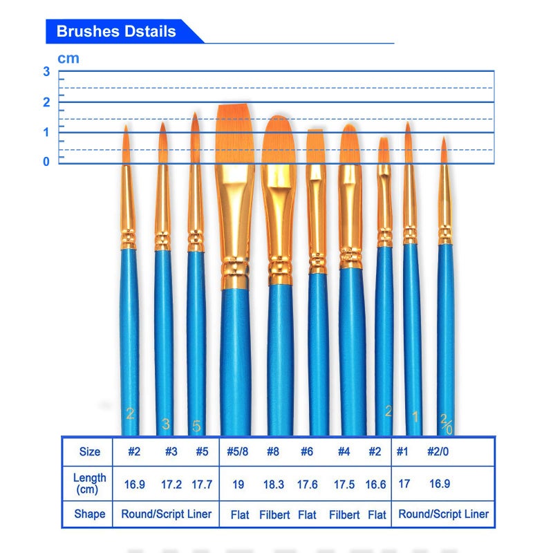 BOSOBO Paint Brush Set, 10pcs Round Pointed Tip Nylon Hair Artist Detail Paintbrushes, Professional Fine Acrylic Oil Watercolor Brushes for Face Nail Body Art Craft Model Miniature Painting, Blue - Image 2
